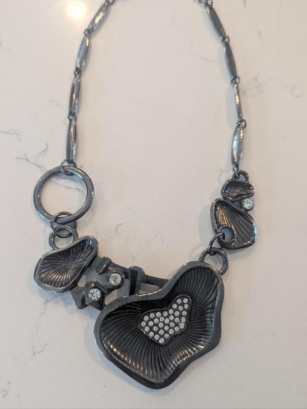 Gunmetal Abstract Statement Pendant Necklace with Crystal Accents